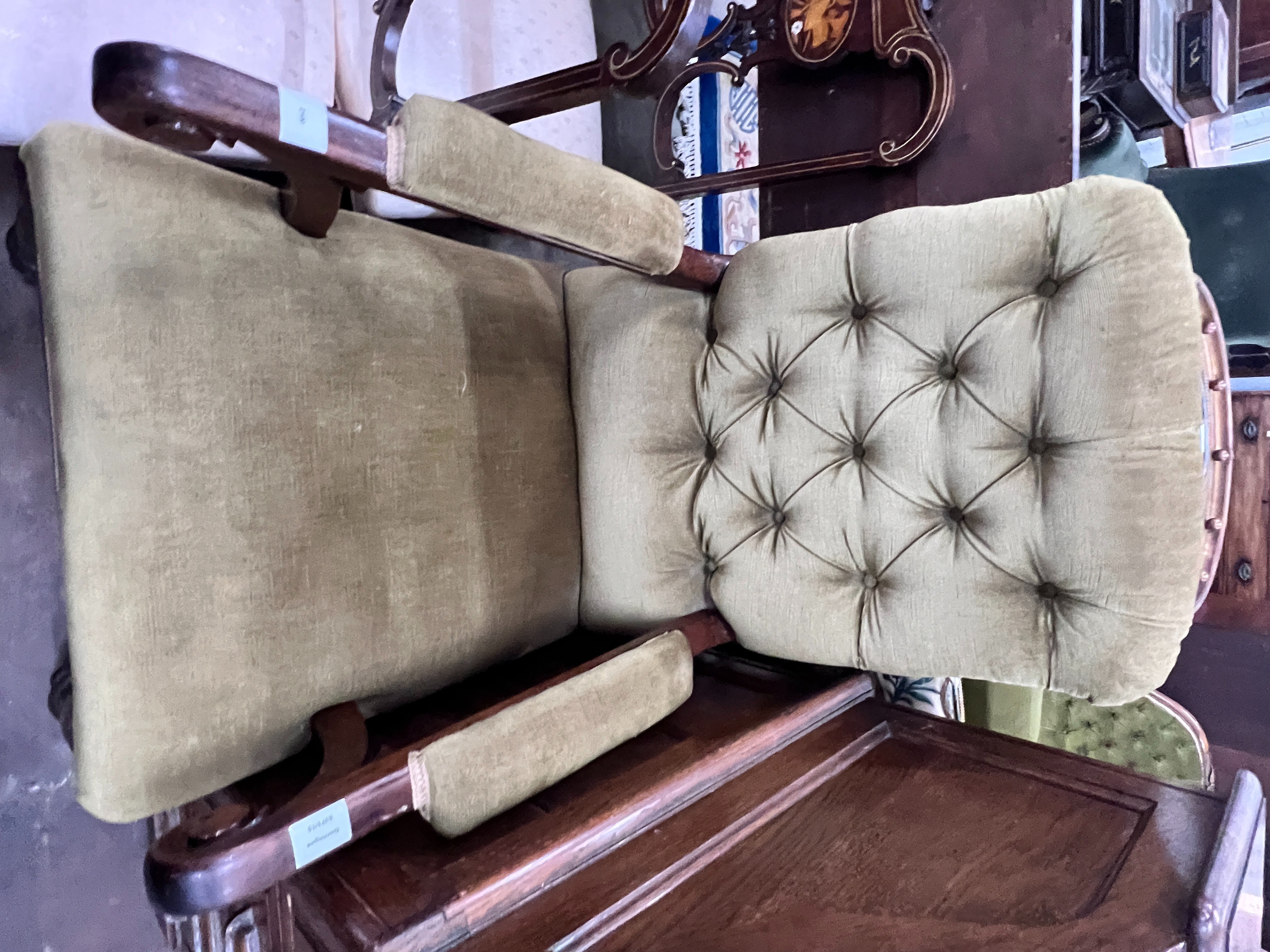 An early Victorian mahogany upholstered open armchair, width 60cm, depth 74cm, height 104cm